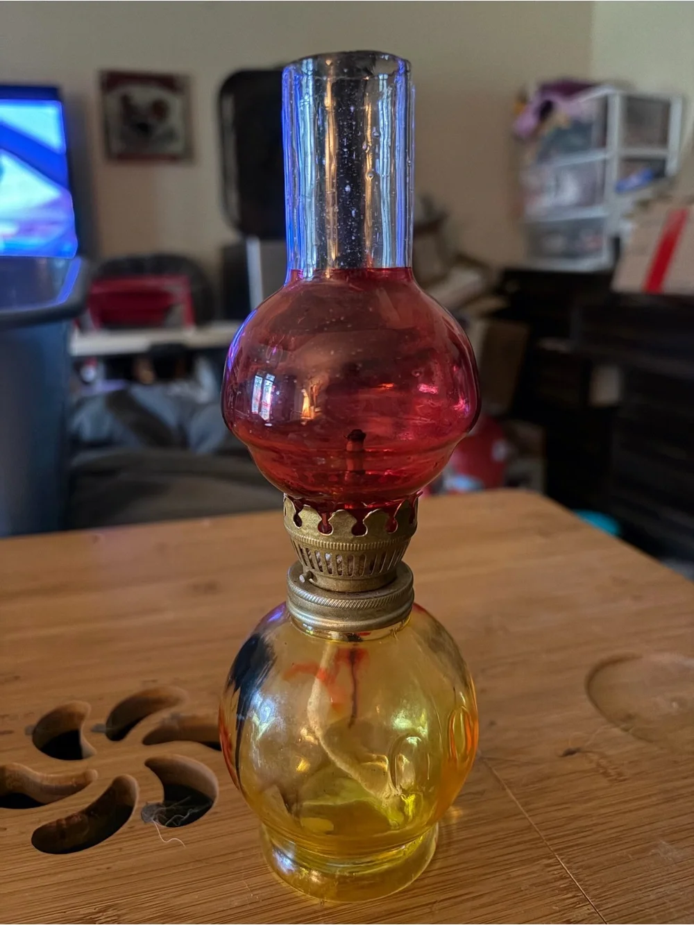 Vintage Two-Tone Glass Oil Lamp — Red & Yellow
